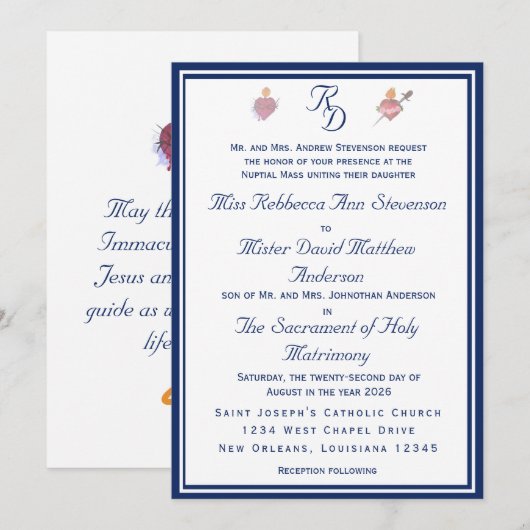 Elegant Two Hearts Catholic Wedding Invitation Einladung (Vorne/Hinten)