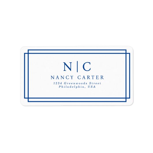 Elegant Two Monogram Navy Blue Geometric Adressaufkleber (Vorne)