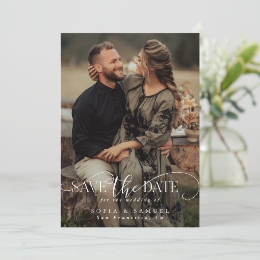Elegant Two Photo Handwritten Script Wedding Save The Date (Stehend Vorderseite)