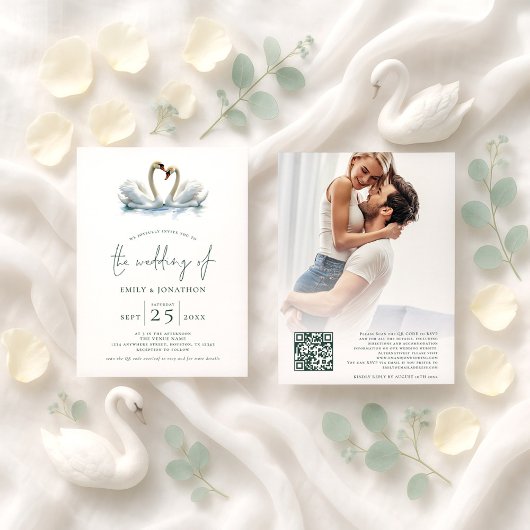 Elegant Two Swans Script Wedding Einladung