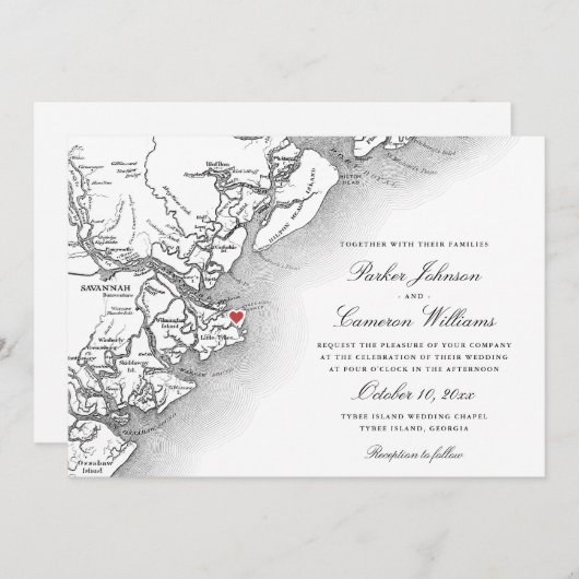 Elegant Tybee Island GA Karte Schwarz-weiße Hochze (Vorne/Hinten)