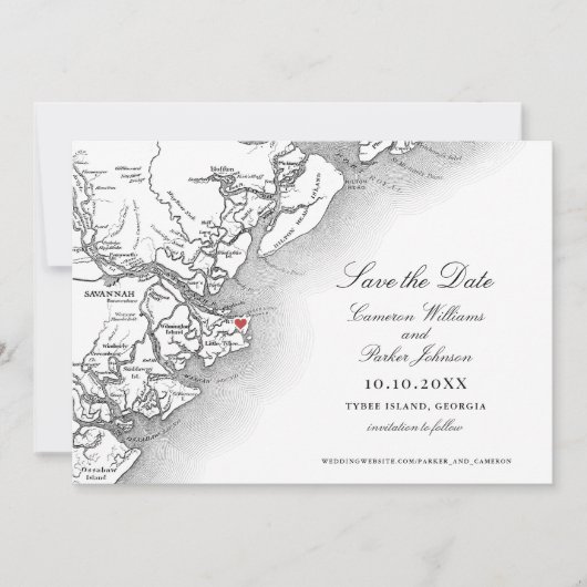 Elegant Tybee Island Georgia Map Wedding Save The Date (Vorderseite)