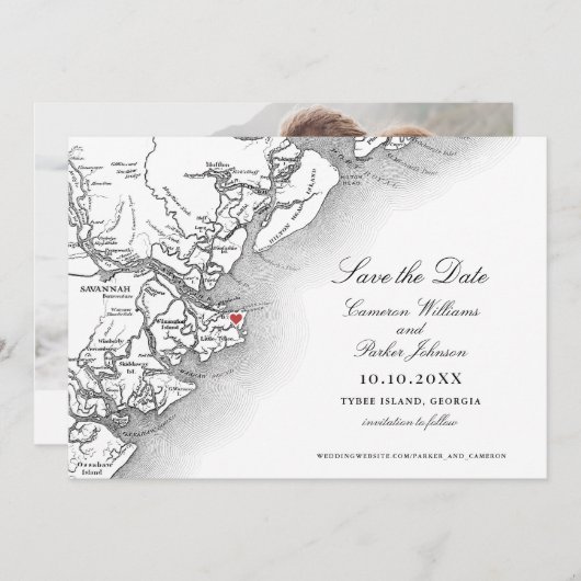 Elegant Tybee Island Georgia Map Wedding Save The Date (Vorne/Hinten)