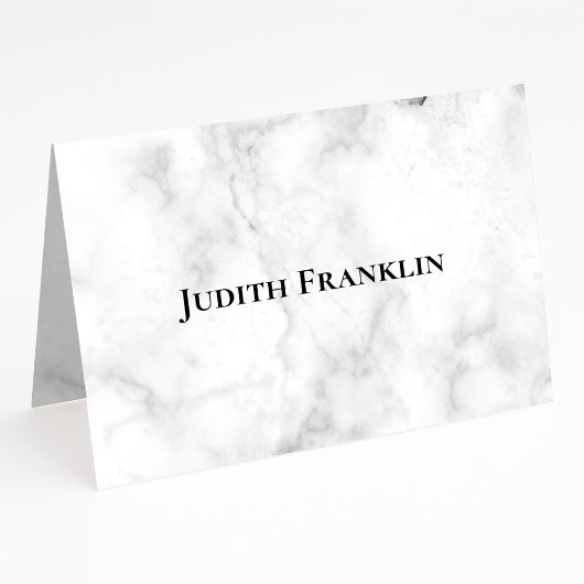 Elegant Typeface White Marble Place Cards Tischnummer