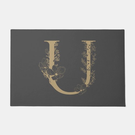 Elegant U Boho Floral Monogram Initial Gray Gold Fußmatte (Vorderseite)
