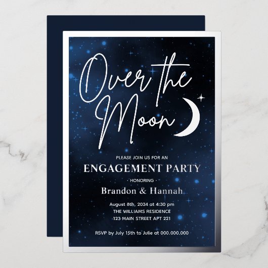 Elegant über die Moon Engagement Party echtes Silb Folieneinladung (Vorderseite/Rückseite)