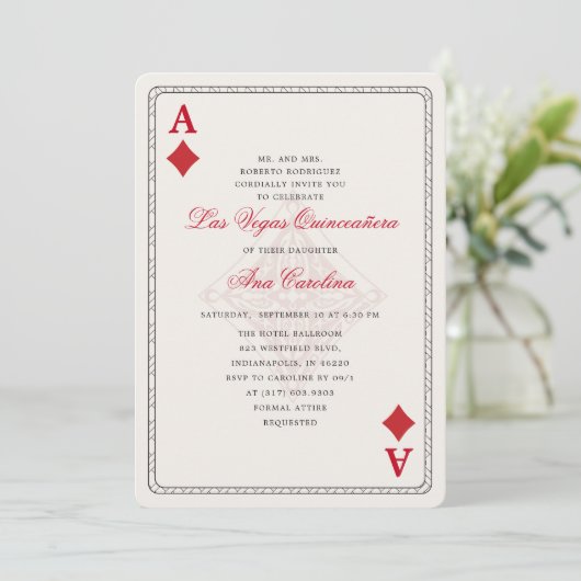 Elegant und einzigartig Red Las Vegas Quinceñera Einladung (Stehend Vorderseite)