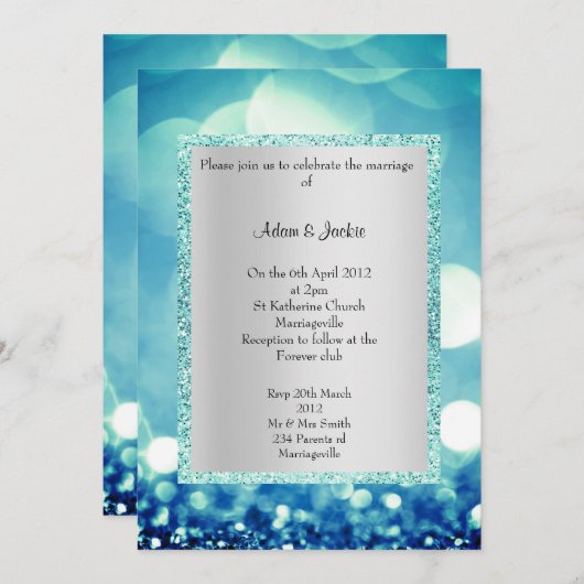 ELEGANT UND MODERN BLAUE AQUA GLITZER WEDD EINLADUNG (Vorne/Hinten)