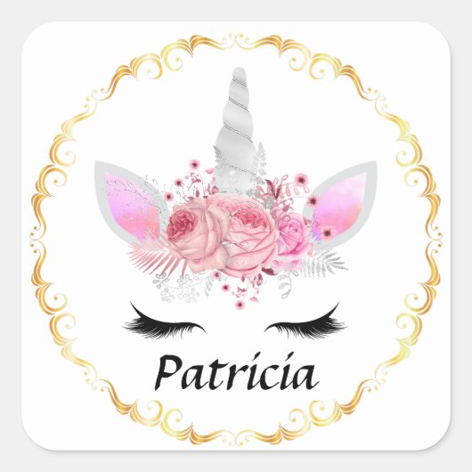 Elegant unicorn Namensaufkleber hinzufügen Quadratischer Aufkleber (Vorderseite)