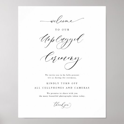 Elegant Unplugged Zeremony Vertical Wedding Sign Poster (Vorne)