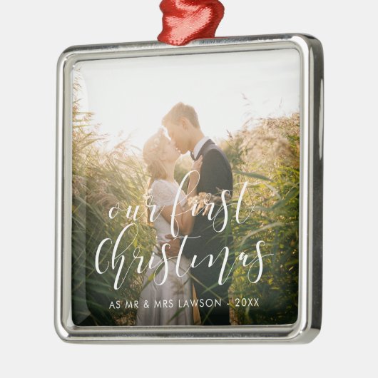 Elegant Unser erstes Foto zur Weihnachtszeit Ornament Aus Metall (Links)