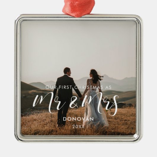 Elegant Unser erstes Foto zur Weihnachtszeit Ornament Aus Metall (Vorne)