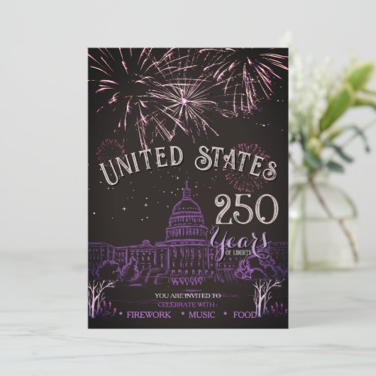 Elegant US 250 Years Firework Purple Capitol Hill  Einladung (Stehend Vorderseite)