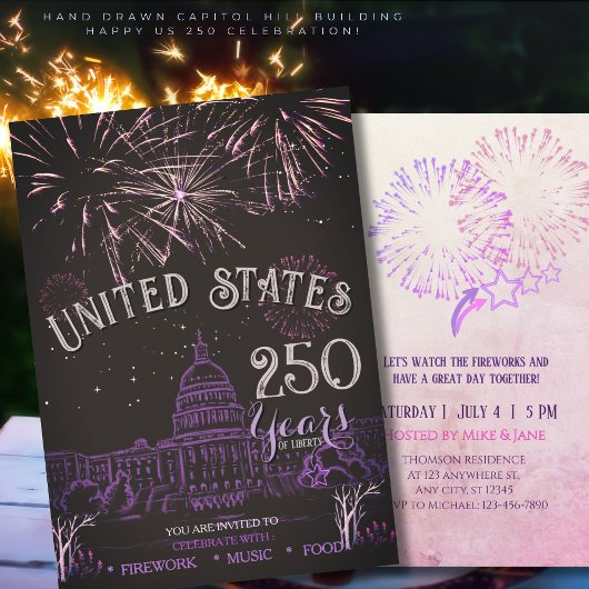 Elegant US 250 Years Firework Purple Capitol Hill Einladung