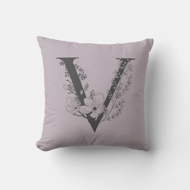 Elegant V Boho Floral Monogram Initial Lilac Gray Kissen (Vorderseite)
