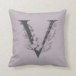 Elegant V Boho Floral Monogram Initial Lilac Gray Kissen