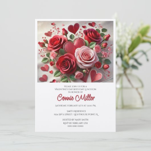 Elegant Valentine Birthday Luncheon Einladung (Stehend Vorderseite)