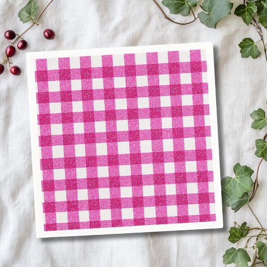 Elegant Valentine Pink Glitter Tartan on White Serviette