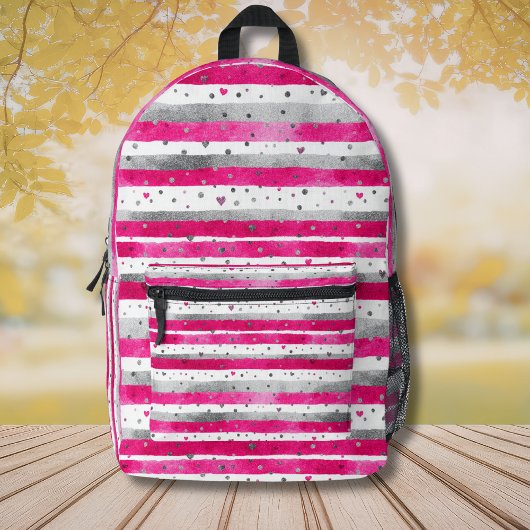 Elegant Valentine Pink Silver Hearts on Striped Bedruckter Rucksack