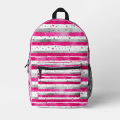 Elegant Valentine Pink Silver Hearts on Striped Bedruckter Rucksack (Vorderseite)