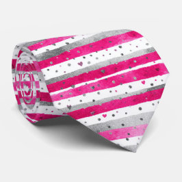 Elegant Valentine Pink Silver Hearts on Striped Krawatte