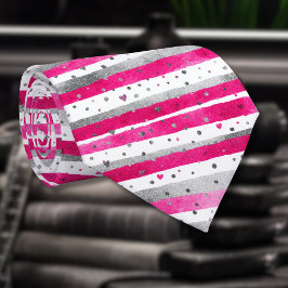 Elegant Valentine Pink Silver Hearts on Striped Krawatte