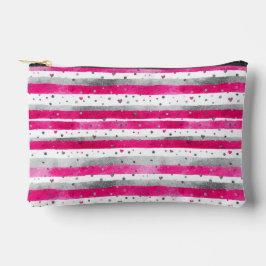 Elegant Valentine Pink Silver Hearts on Striped Zubehörtasche