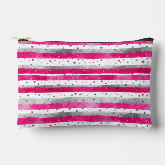 Elegant Valentine Pink Silver Hearts on Striped Zubehörtasche (Vorderseite)