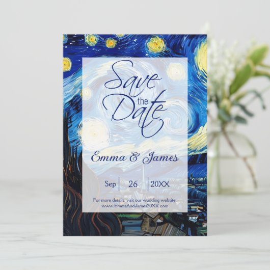 Elegant Van Gogh Starry Night Wedding Script Save The Date (Stehend Vorderseite)