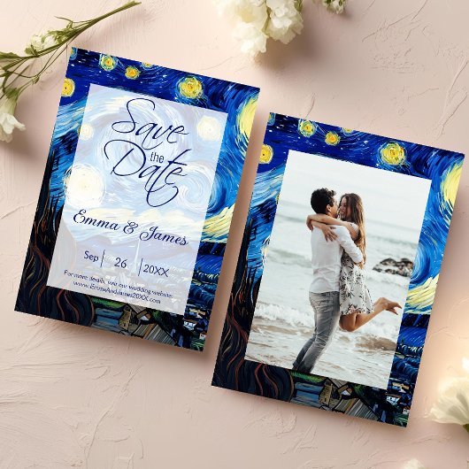 Elegant Van Gogh Starry Night Wedding Script Save The Date