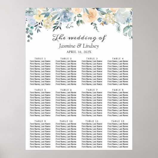 Elegant Vanilla Blue Floral Wedding Seating Chart Poster (Vorne)