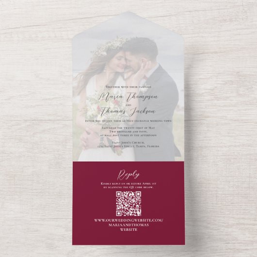 Elegant Vellum Foto Overlay Burgundy | QR-Code All In One Einladung (Innen Boden)