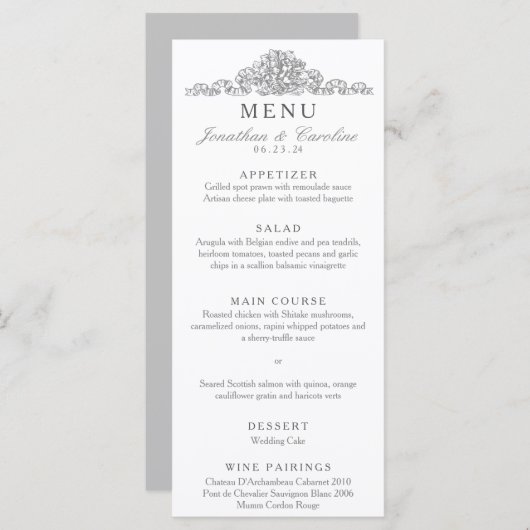 Elegant Versailles Gray Empfang Menükarte (Vorne/Hinten)