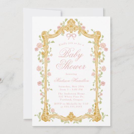 Elegant verzauberte Rosa Blütenrahmen Babydusche Einladung (Vorderseite)