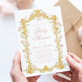 Elegant verzauberte Rosa Blütenrahmen Babydusche Einladung