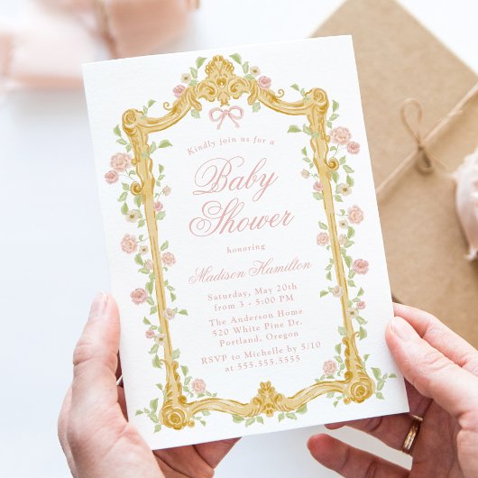 Elegant verzauberte Rosa Blütenrahmen Babydusche Einladung
