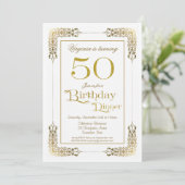 Elegant Verziert Gold Lace 50. Geburtstag Abendess Einladung (Stehend Vorderseite)