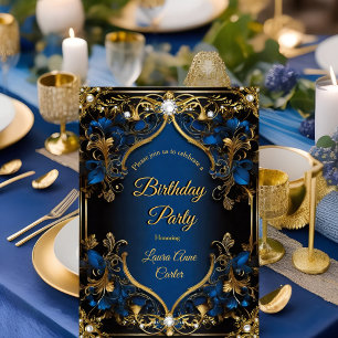 Elegant Verziert Königlich Blau Gold Perle Geburts Einladung