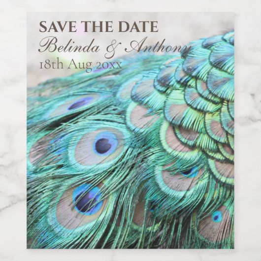 Elegant Vibrant Aquamarin Peacock Feather Save the Weinetikett (Einzelnes Label)