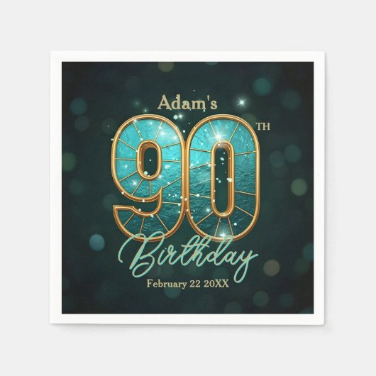 Elegant Vibrant Teal and Gold 90th Birthday Serviette (Vorderseite)