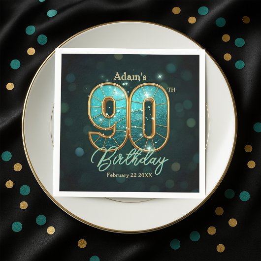 Elegant Vibrant Teal and Gold 90th Birthday Serviette