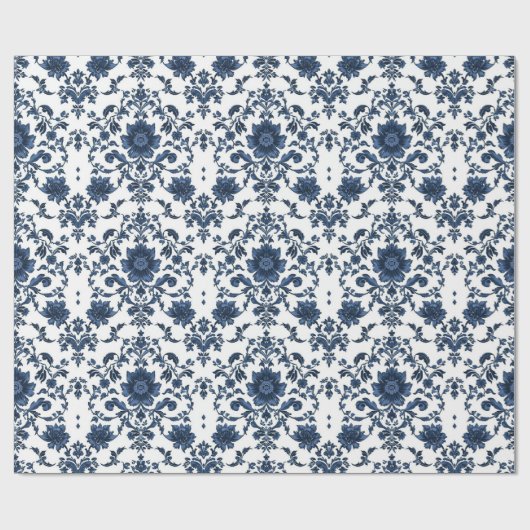 Elegant Victorian Damask Flower Pattern Navy Blue  Geschenkpapier (Flach)