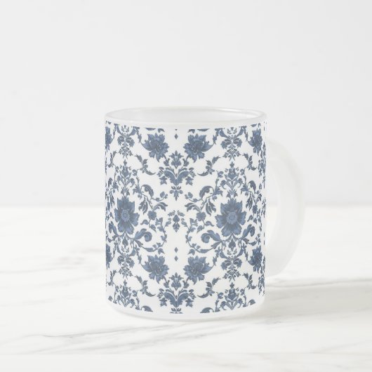 Elegant Victorian Damask Flower Pattern Navy Blue  Mattglastasse (VorderseiteRechts)