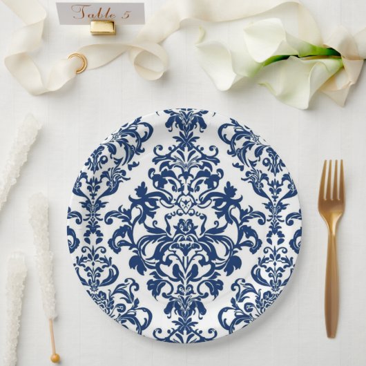 Elegant Victorian Damask Flower Pattern Navy Blue Pappteller (Hochzeit)