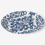 Elegant Victorian Damask Flower Pattern Navy Blue Pappteller (Schrägansicht)
