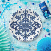 Elegant Victorian Damask Flower Pattern Navy Blue Pappteller (Party)