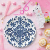 Elegant Victorian Damask Flower Pattern Navy Blue Pappteller (Party)