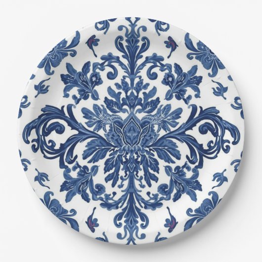 Elegant Victorian Damask Flower Pattern Navy Blue Pappteller (Vorderseite)
