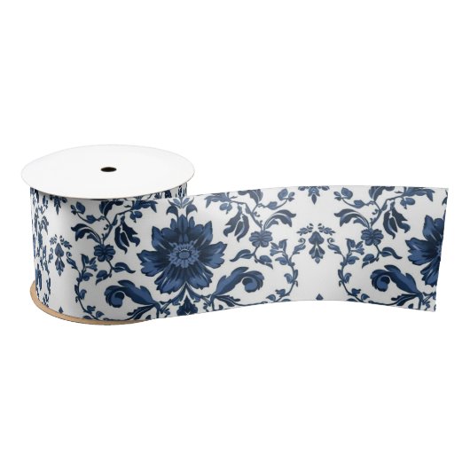 Elegant Victorian Damask Flower Pattern Navy Blue Satinband (Spule)