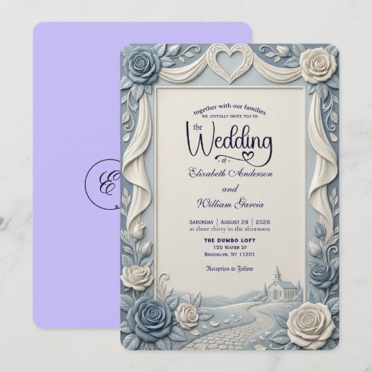 Elegant Victorian Dusty Blue Faux Embossed Rose Einladung (Vorne/Hinten)